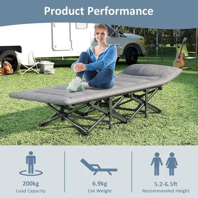 Alt view image 2 of 6 - Portable Folding Camping Cot for Adults with Built-in Mattress and Pillow, 450 LBS Max Load, Compact with Carry Bag, Grey