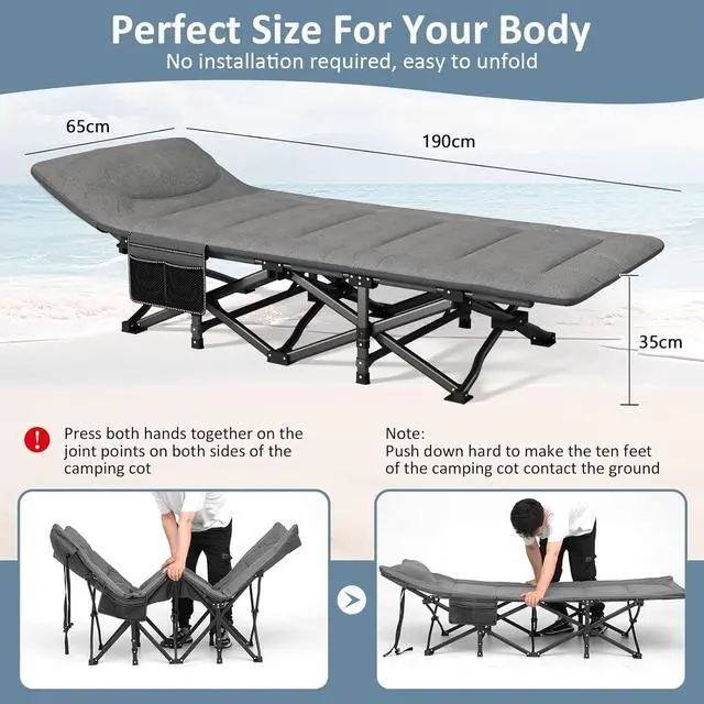 Alt view image 3 of 6 - Portable Folding Camping Cot for Adults with Built-in Mattress and Pillow, 450 LBS Max Load, Compact with Carry Bag, Grey