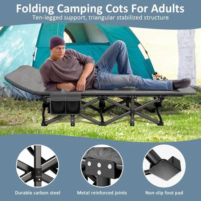 Alt view image 6 of 6 - Portable Folding Camping Cot for Adults with Built-in Mattress and Pillow, 450 LBS Max Load, Compact with Carry Bag, Grey
