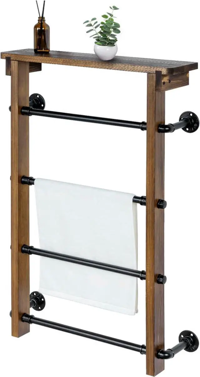 Main image of Wall Mounted 4 Tier Towel Ladder Rack with Top Storage Shelf Burnt Solid Wood Industrial Black Metal Pipe Towel Bar Organizer for Bathroom