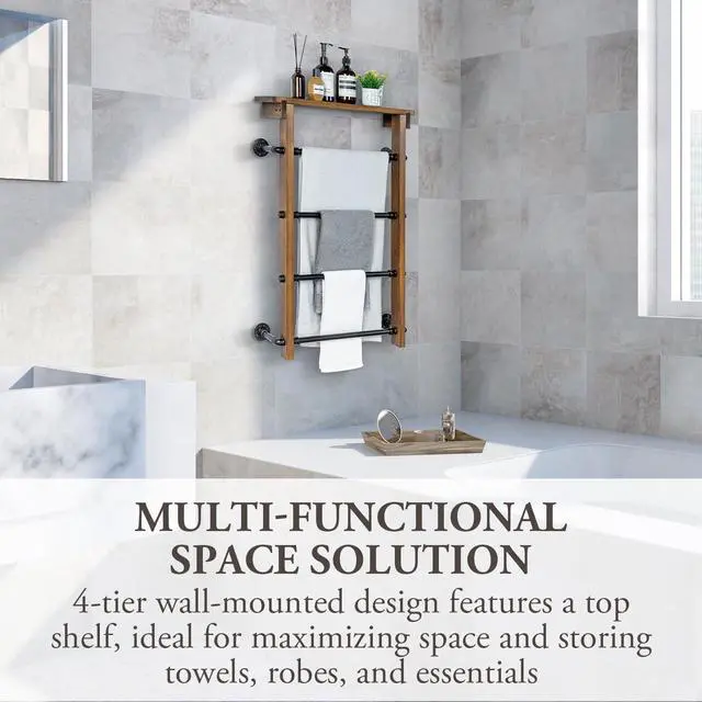 Alt view image 2 of 6 - Wall Mounted 4 Tier Towel Ladder Rack with Top Storage Shelf Burnt Solid Wood Industrial Black Metal Pipe Towel Bar Organizer for Bathroom