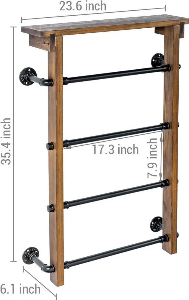Alt view image 4 of 6 - Wall Mounted 4 Tier Towel Ladder Rack with Top Storage Shelf Burnt Solid Wood Industrial Black Metal Pipe Towel Bar Organizer for Bathroom