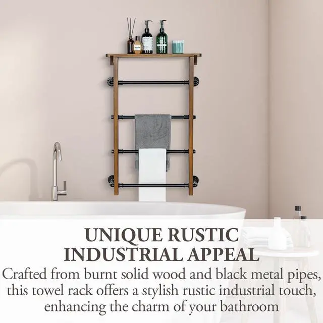 Alt view image 3 of 6 - Wall Mounted 4 Tier Towel Ladder Rack with Top Storage Shelf Burnt Solid Wood Industrial Black Metal Pipe Towel Bar Organizer for Bathroom