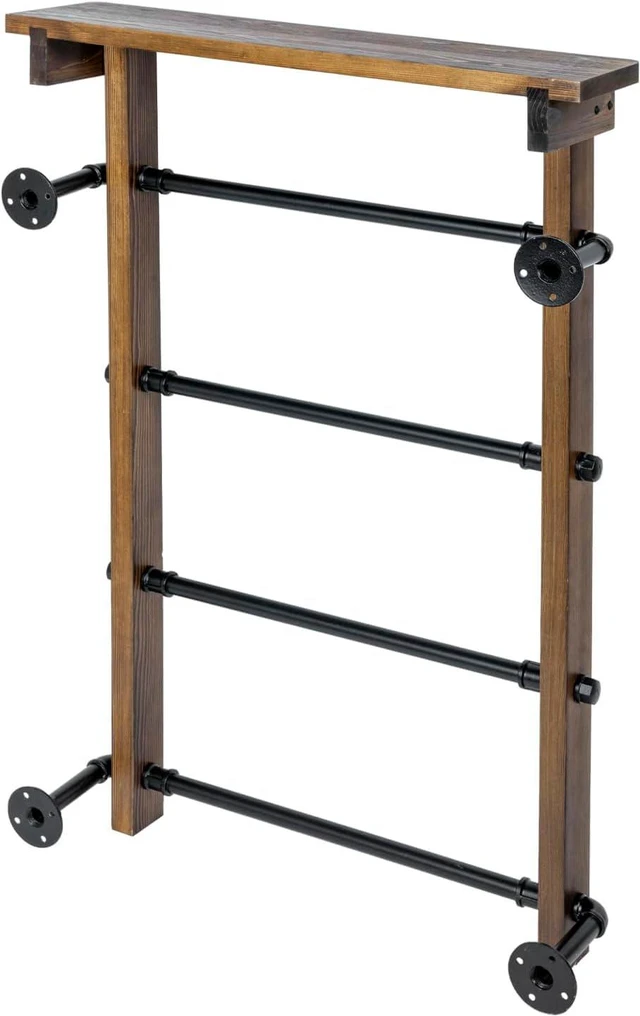 Alt view image 6 of 6 - Wall Mounted 4 Tier Towel Ladder Rack with Top Storage Shelf Burnt Solid Wood Industrial Black Metal Pipe Towel Bar Organizer for Bathroom