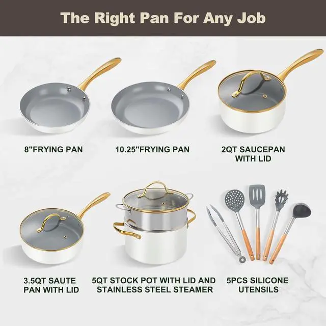 Alt view image 2 of 7 - 14-Piece Ceramic Nonstick Cookware Set, PFOA PFOS Free Non Toxic Pots and Pans with Silicone Utensils, Even Heat Induction Compatible Cooking Set, Cream Gold Hardware Kitchen Cookware