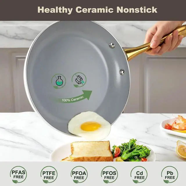 Alt view image 3 of 7 - 14-Piece Ceramic Nonstick Cookware Set, PFOA PFOS Free Non Toxic Pots and Pans with Silicone Utensils, Even Heat Induction Compatible Cooking Set, Cream Gold Hardware Kitchen Cookware