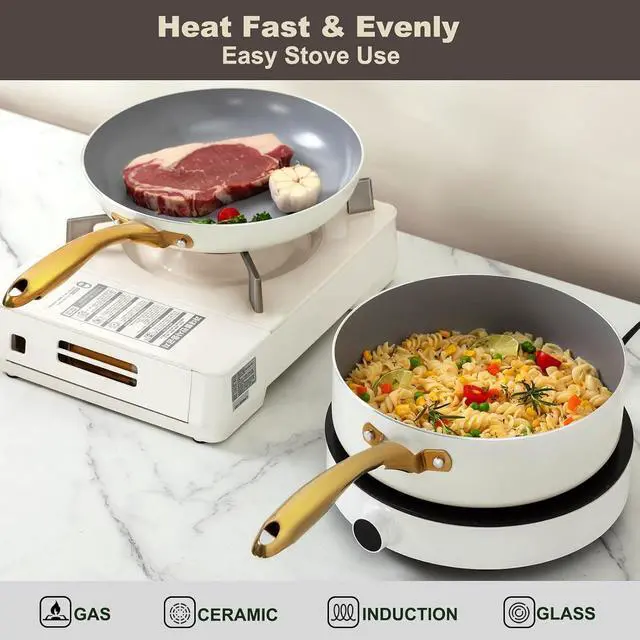Alt view image 5 of 7 - 14-Piece Ceramic Nonstick Cookware Set, PFOA PFOS Free Non Toxic Pots and Pans with Silicone Utensils, Even Heat Induction Compatible Cooking Set, Cream Gold Hardware Kitchen Cookware