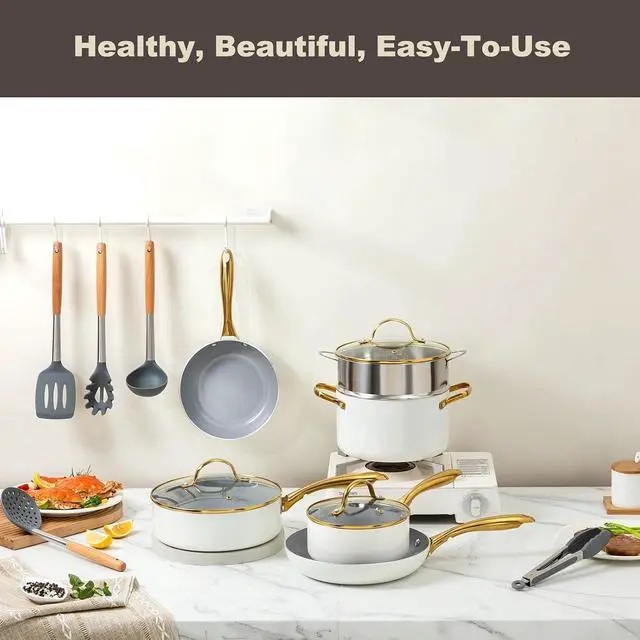 Alt view image 7 of 7 - 14-Piece Ceramic Nonstick Cookware Set, PFOA PFOS Free Non Toxic Pots and Pans with Silicone Utensils, Even Heat Induction Compatible Cooking Set, Cream Gold Hardware Kitchen Cookware