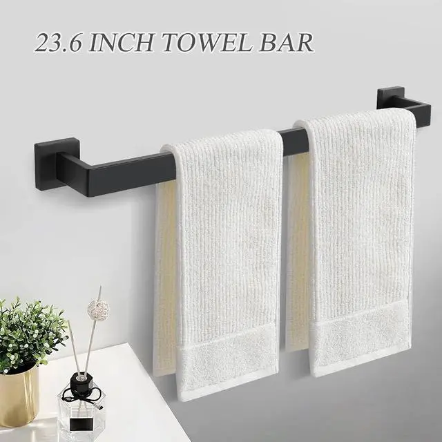 Alt view image 2 of 7 - 10 Pack Wall Mounted Stainless Steel Bathroom Hardware Set 23.6 Inch Towel Bar Towel Ring Robe Hooks Toilet Paper Holder with Shelf Modern Matte Black Storage Accessories