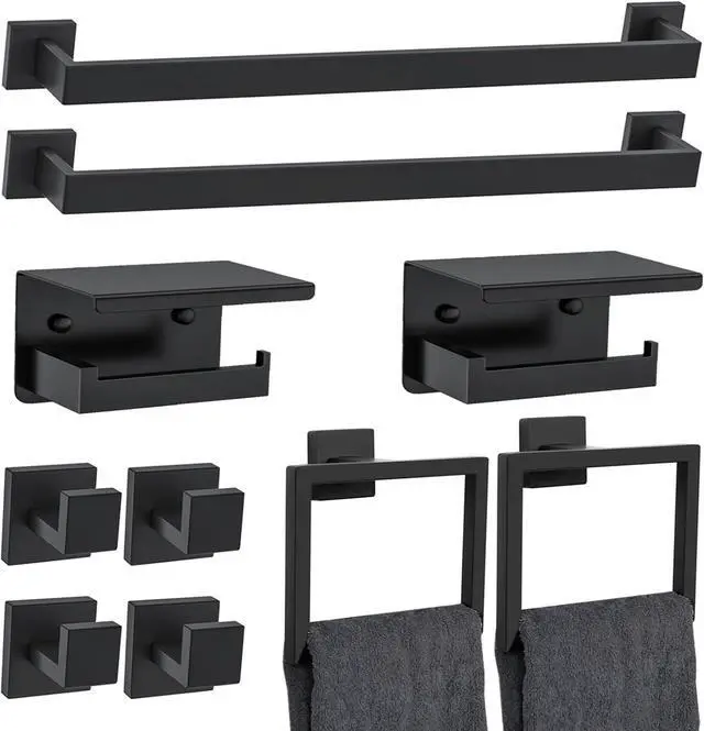 Main image of 10 Pack Wall Mounted Stainless Steel Bathroom Hardware Set 23.6 Inch Towel Bar Towel Ring Robe Hooks Toilet Paper Holder with Shelf Modern Matte Black Storage Accessories