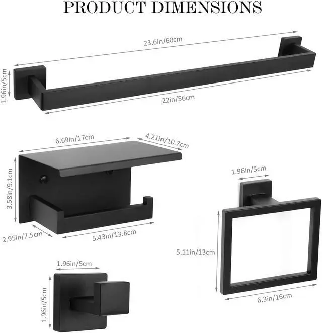 Alt view image 6 of 7 - 10 Pack Wall Mounted Stainless Steel Bathroom Hardware Set 23.6 Inch Towel Bar Towel Ring Robe Hooks Toilet Paper Holder with Shelf Modern Matte Black Storage Accessories