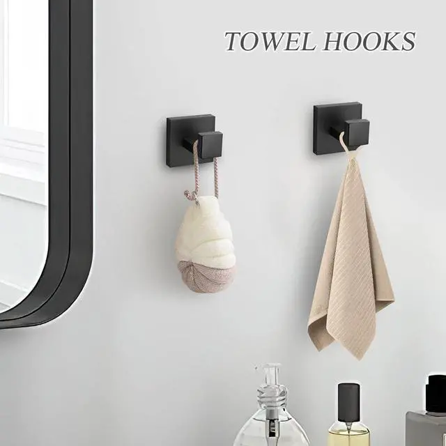 Alt view image 5 of 7 - 10 Pack Wall Mounted Stainless Steel Bathroom Hardware Set 23.6 Inch Towel Bar Towel Ring Robe Hooks Toilet Paper Holder with Shelf Modern Matte Black Storage Accessories