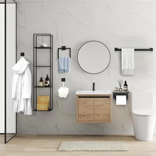 Alt view image 7 of 7 - 10 Pack Wall Mounted Stainless Steel Bathroom Hardware Set 23.6 Inch Towel Bar Towel Ring Robe Hooks Toilet Paper Holder with Shelf Modern Matte Black Storage Accessories