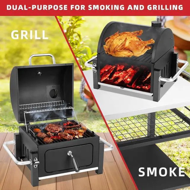 Alt view image 2 of 7 - Portable Tabletop Charcoal Grill with 314 Square Inch Cooking Area, Warming Rack and Removable Charcoal Tray for Outdoor Camping, Picnic