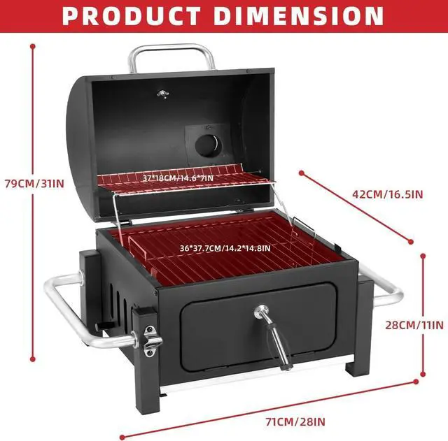 Alt view image 3 of 7 - Portable Tabletop Charcoal Grill with 314 Square Inch Cooking Area, Warming Rack and Removable Charcoal Tray for Outdoor Camping, Picnic