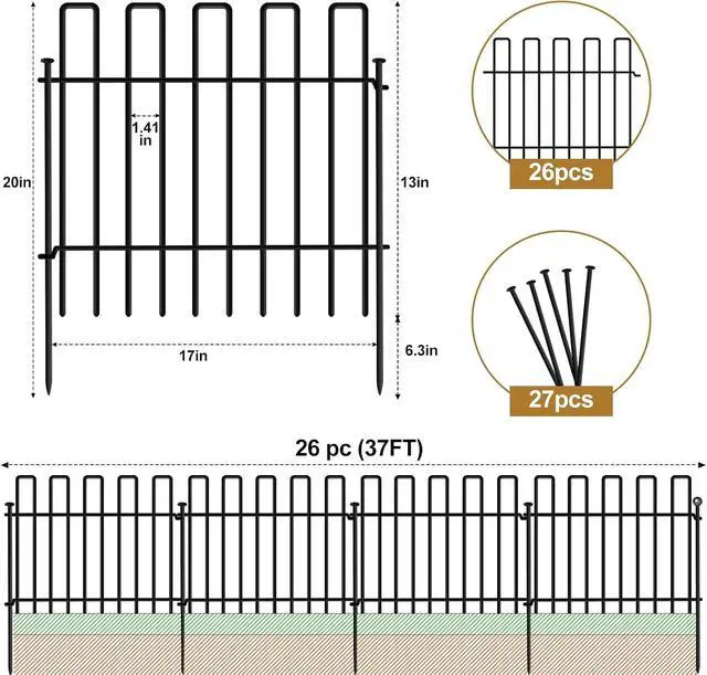 Alt view image 3 of 7 - 26 Panels No Dig Metal Garden Fence 13in Height 37FT Total Length Rustproof Animal Barrier Fence Anti Digging Defense Border with Ground Stakes for Outdoor Yard Patio Flower Bed Landscaping