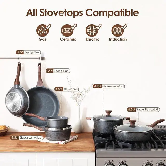 Alt view image 4 of 7 - 16Pcs Non Stick Granite Cookware Set PFOA Free Induction Compatible Even Fast Heating Easy to Clean Durable Kitchen Cooking Set with Stay-Cool Handles