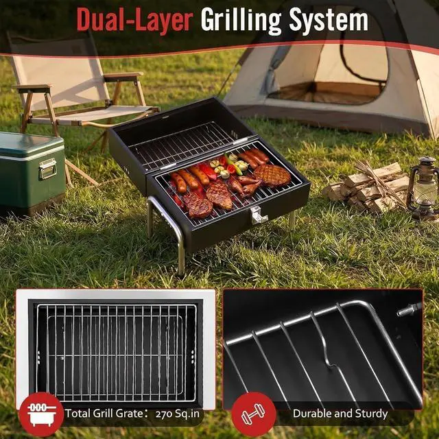 Alt view image 3 of 7 - Portable Tabletop Charcoal Grill with 270 Sq.In. Double-Sided Cooking Surface, Heavy Duty Iron Small BBQ Grill for Outdoor Camping Beach Backyard Use
