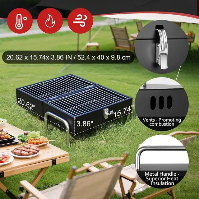 Alt view image 4 of 7 - Portable Tabletop Charcoal Grill with 270 Sq.In. Double-Sided Cooking Surface, Heavy Duty Iron Small BBQ Grill for Outdoor Camping Beach Backyard Use