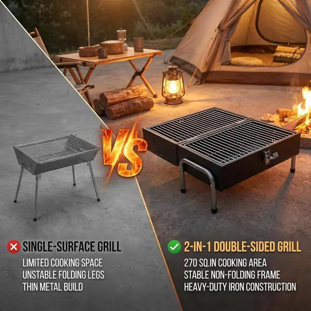 Alt view image 2 of 7 - Portable Tabletop Charcoal Grill with 270 Sq.In. Double-Sided Cooking Surface, Heavy Duty Iron Small BBQ Grill for Outdoor Camping Beach Backyard Use