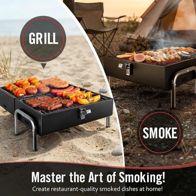 Alt view image 7 of 7 - Portable Tabletop Charcoal Grill with 270 Sq.In. Double-Sided Cooking Surface, Heavy Duty Iron Small BBQ Grill for Outdoor Camping Beach Backyard Use