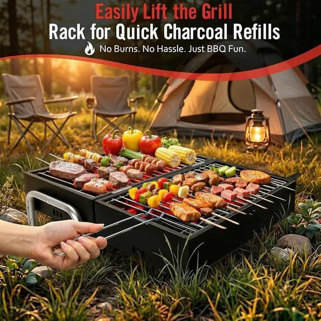 Alt view image 6 of 7 - Portable Tabletop Charcoal Grill with 270 Sq.In. Double-Sided Cooking Surface, Heavy Duty Iron Small BBQ Grill for Outdoor Camping Beach Backyard Use