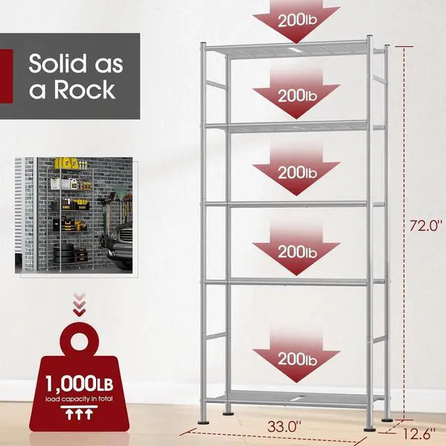 Alt view image 2 of 7 - 5 Tier Heavy Duty Metal Storage Shelves Organizer with Leveling Feet 33.0"W x12.6"D x72.0"H Silver for Garage Pantry Kitchen Closet