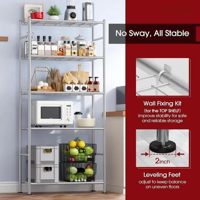 Alt view image 5 of 7 - 5 Tier Heavy Duty Metal Storage Shelves Organizer with Leveling Feet 33.0"W x12.6"D x72.0"H Silver for Garage Pantry Kitchen Closet