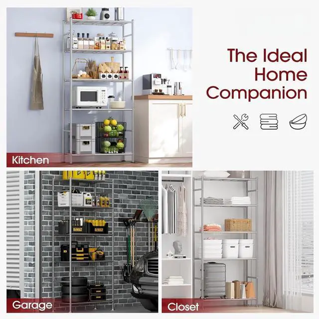 Alt view image 6 of 7 - 5 Tier Heavy Duty Metal Storage Shelves Organizer with Leveling Feet 33.0"W x12.6"D x72.0"H Silver for Garage Pantry Kitchen Closet