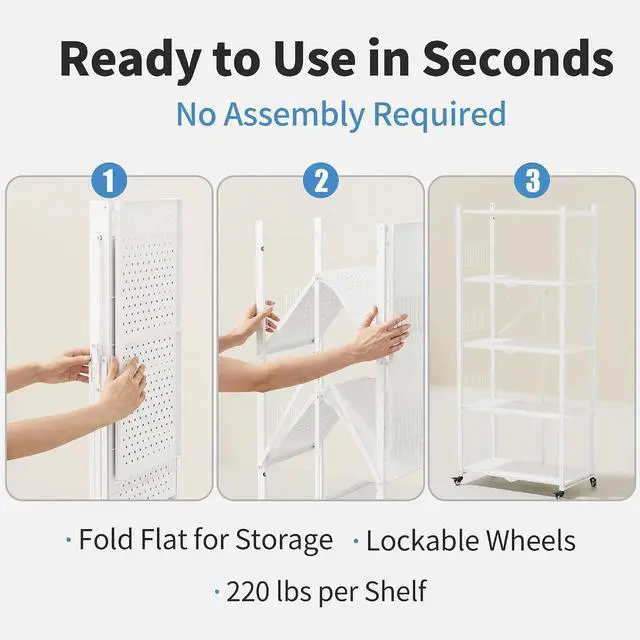 Alt view image 3 of 7 - White 5-Tier Foldable Metal Storage Shelves With Locking Wheels No Assembly Required Heavy-Duty Collapsible Rack For Pantry Garage Kitchen Home Organization
