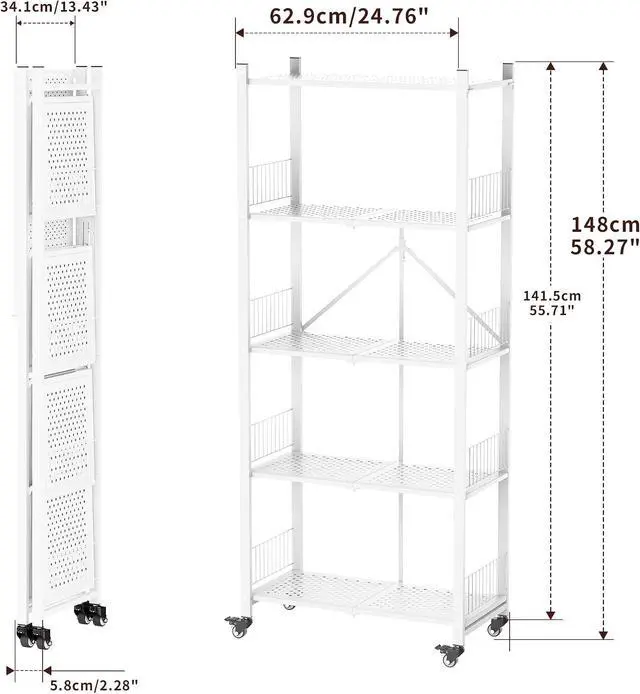 Alt view image 2 of 7 - White 5-Tier Foldable Metal Storage Shelves With Locking Wheels No Assembly Required Heavy-Duty Collapsible Rack For Pantry Garage Kitchen Home Organization