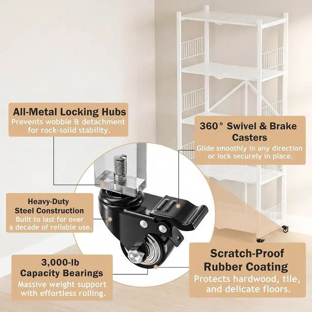 Alt view image 4 of 7 - White 5-Tier Foldable Metal Storage Shelves With Locking Wheels No Assembly Required Heavy-Duty Collapsible Rack For Pantry Garage Kitchen Home Organization