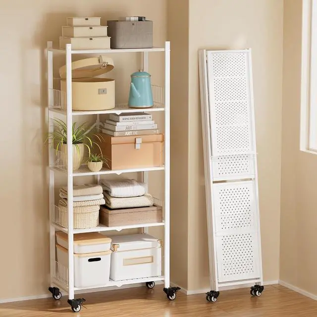 Main image of White 5-Tier Foldable Metal Storage Shelves With Locking Wheels No Assembly Required Heavy-Duty Collapsible Rack For Pantry Garage Kitchen Home Organization