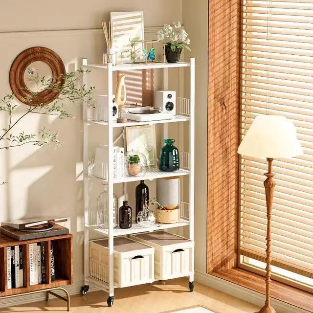 Alt view image 6 of 7 - White 5-Tier Foldable Metal Storage Shelves With Locking Wheels No Assembly Required Heavy-Duty Collapsible Rack For Pantry Garage Kitchen Home Organization