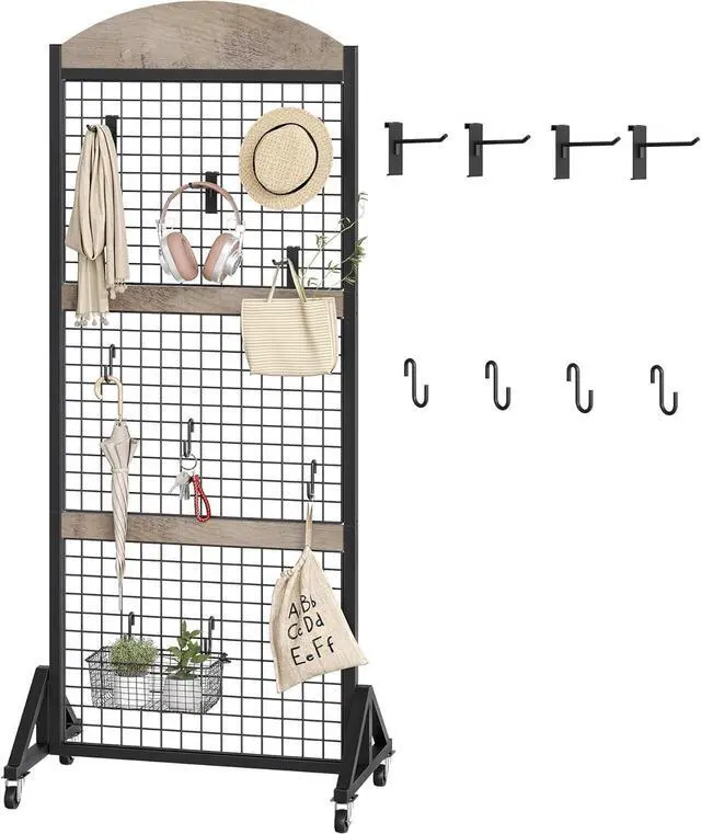 Main image of 5.7 x 2 Movable Grid Wall Panel Display Rack with Wheels, Floorstanding Wire Grid Stand with 4 S-Shaped Hooks & 4 Garment Hooks, Greige & Black