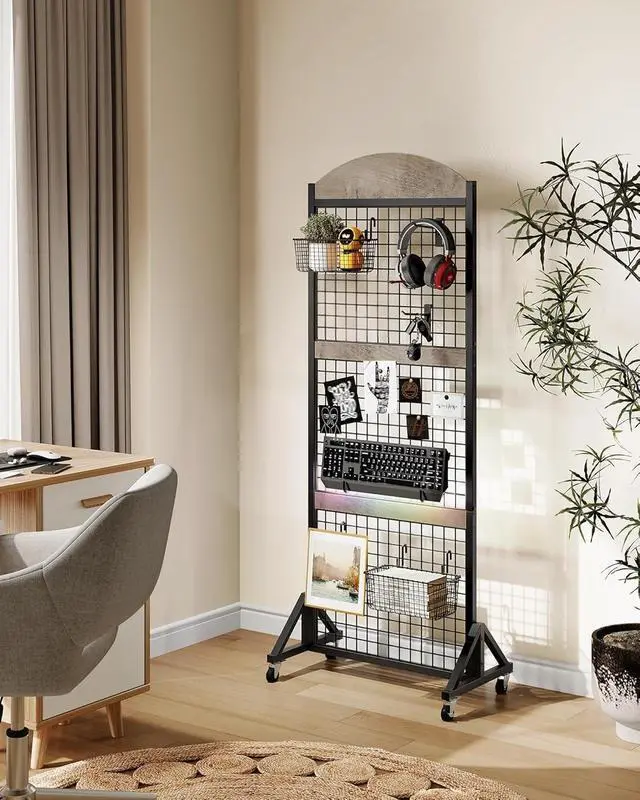 Alt view image 2 of 7 - 5.7 x 2 Movable Grid Wall Panel Display Rack with Wheels, Floorstanding Wire Grid Stand with 4 S-Shaped Hooks & 4 Garment Hooks, Greige & Black