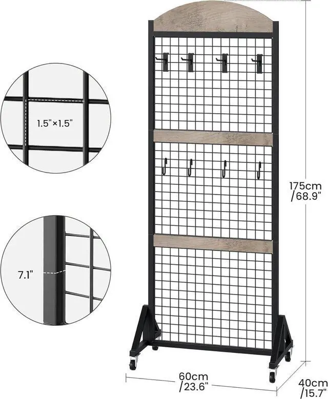 Alt view image 3 of 7 - 5.7 x 2 Movable Grid Wall Panel Display Rack with Wheels, Floorstanding Wire Grid Stand with 4 S-Shaped Hooks & 4 Garment Hooks, Greige & Black