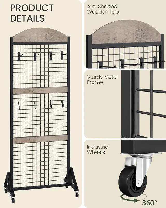 Alt view image 4 of 7 - 5.7 x 2 Movable Grid Wall Panel Display Rack with Wheels, Floorstanding Wire Grid Stand with 4 S-Shaped Hooks & 4 Garment Hooks, Greige & Black