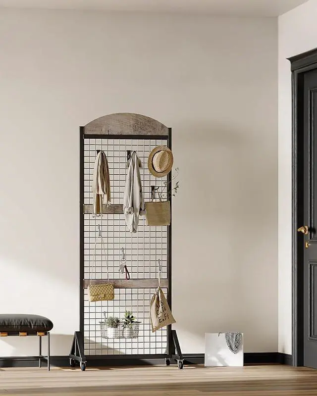 Alt view image 5 of 7 - 5.7 x 2 Movable Grid Wall Panel Display Rack with Wheels, Floorstanding Wire Grid Stand with 4 S-Shaped Hooks & 4 Garment Hooks, Greige & Black