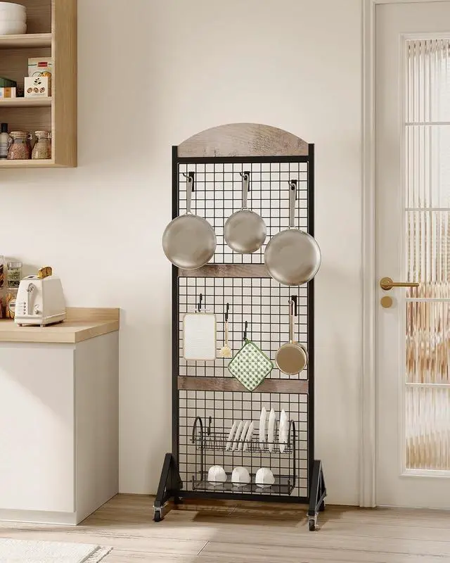 Alt view image 6 of 7 - 5.7 x 2 Movable Grid Wall Panel Display Rack with Wheels, Floorstanding Wire Grid Stand with 4 S-Shaped Hooks & 4 Garment Hooks, Greige & Black