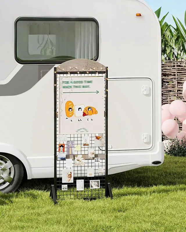 Alt view image 7 of 7 - 5.7 x 2 Movable Grid Wall Panel Display Rack with Wheels, Floorstanding Wire Grid Stand with 4 S-Shaped Hooks & 4 Garment Hooks, Greige & Black
