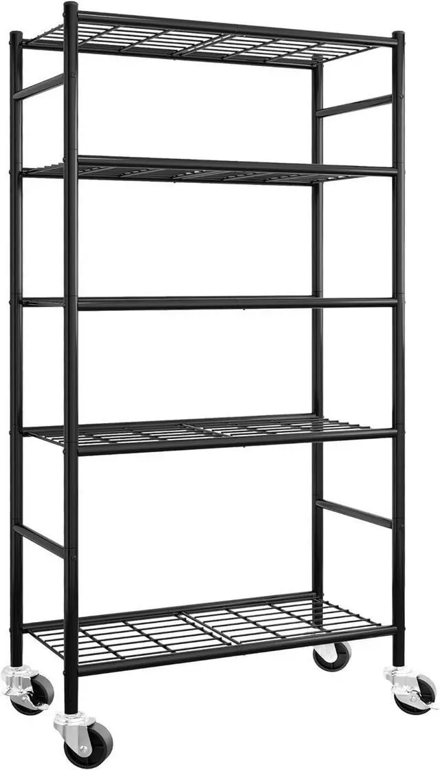 Main image of 5 Tier Heavy Duty Metal Storage Shelves Organizer with Wheels & Adjustable Leveling Feet 33.1"x12.6"x73.5" Black for Garage Kitchen Pantry Closet