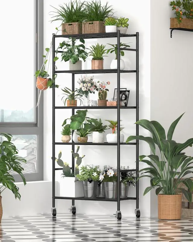 Alt view image 2 of 7 - 5 Tier Heavy Duty Metal Storage Shelves Organizer with Wheels & Adjustable Leveling Feet 33.1"x12.6"x73.5" Black for Garage Kitchen Pantry Closet