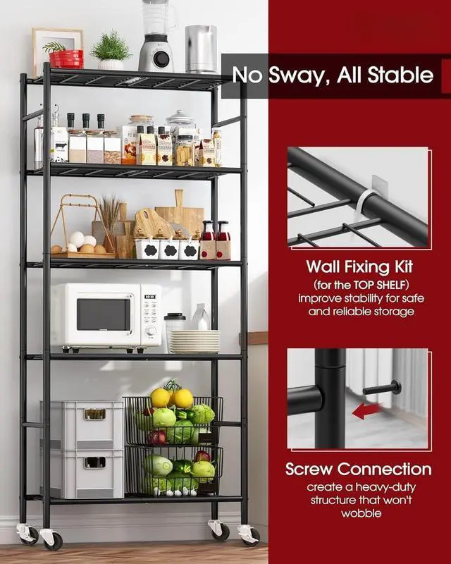 Alt view image 4 of 7 - 5 Tier Heavy Duty Metal Storage Shelves Organizer with Wheels & Adjustable Leveling Feet 33.1"x12.6"x73.5" Black for Garage Kitchen Pantry Closet