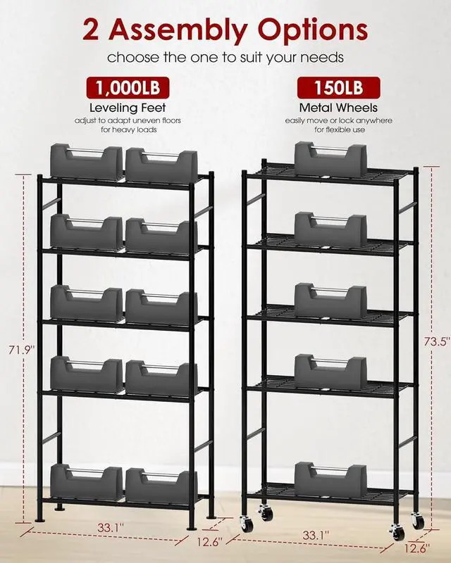 Alt view image 3 of 7 - 5 Tier Heavy Duty Metal Storage Shelves Organizer with Wheels & Adjustable Leveling Feet 33.1"x12.6"x73.5" Black for Garage Kitchen Pantry Closet