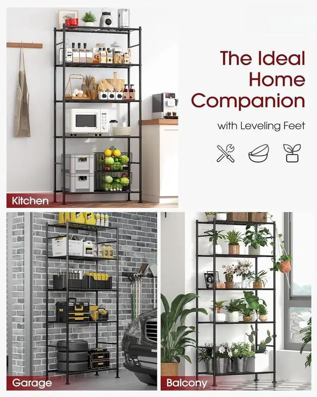 Alt view image 6 of 7 - 5 Tier Heavy Duty Metal Storage Shelves Organizer with Wheels & Adjustable Leveling Feet 33.1"x12.6"x73.5" Black for Garage Kitchen Pantry Closet