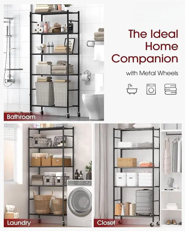 Alt view image 5 of 7 - 5 Tier Heavy Duty Metal Storage Shelves Organizer with Wheels & Adjustable Leveling Feet 33.1"x12.6"x73.5" Black for Garage Kitchen Pantry Closet