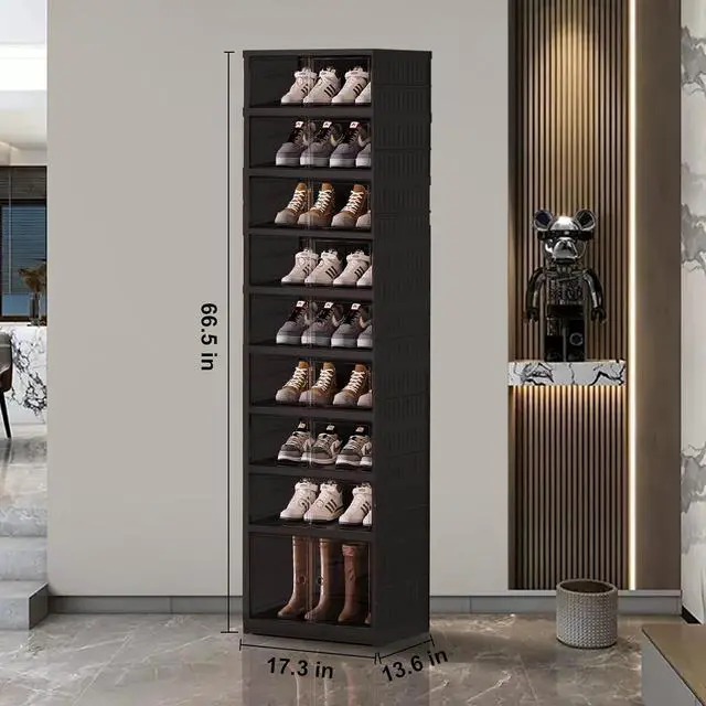 Alt view image 2 of 7 - 9Tier Black Foldable Stackable Plastic Shoe Storage Cabinet With Transparent Magnetic Doors Holds 18 Pairs Footwear For Entryway Closet LivingRoom