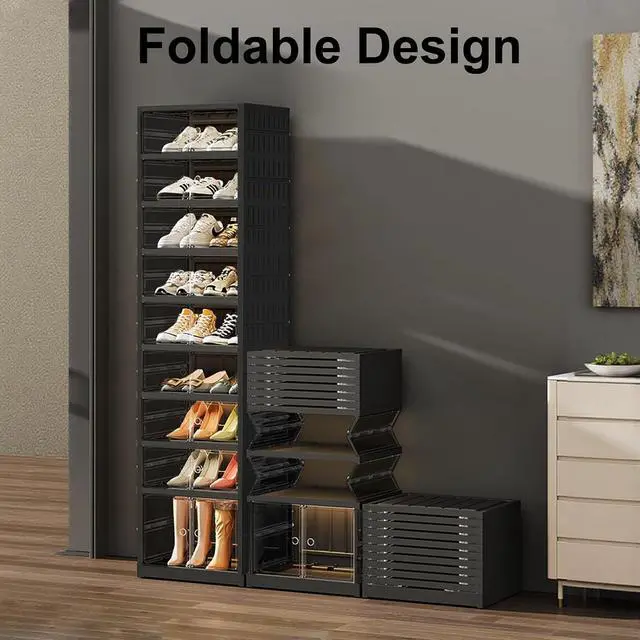 Alt view image 3 of 7 - 9Tier Black Foldable Stackable Plastic Shoe Storage Cabinet With Transparent Magnetic Doors Holds 18 Pairs Footwear For Entryway Closet LivingRoom