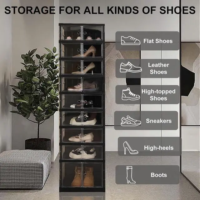 Alt view image 5 of 7 - 9Tier Black Foldable Stackable Plastic Shoe Storage Cabinet With Transparent Magnetic Doors Holds 18 Pairs Footwear For Entryway Closet LivingRoom